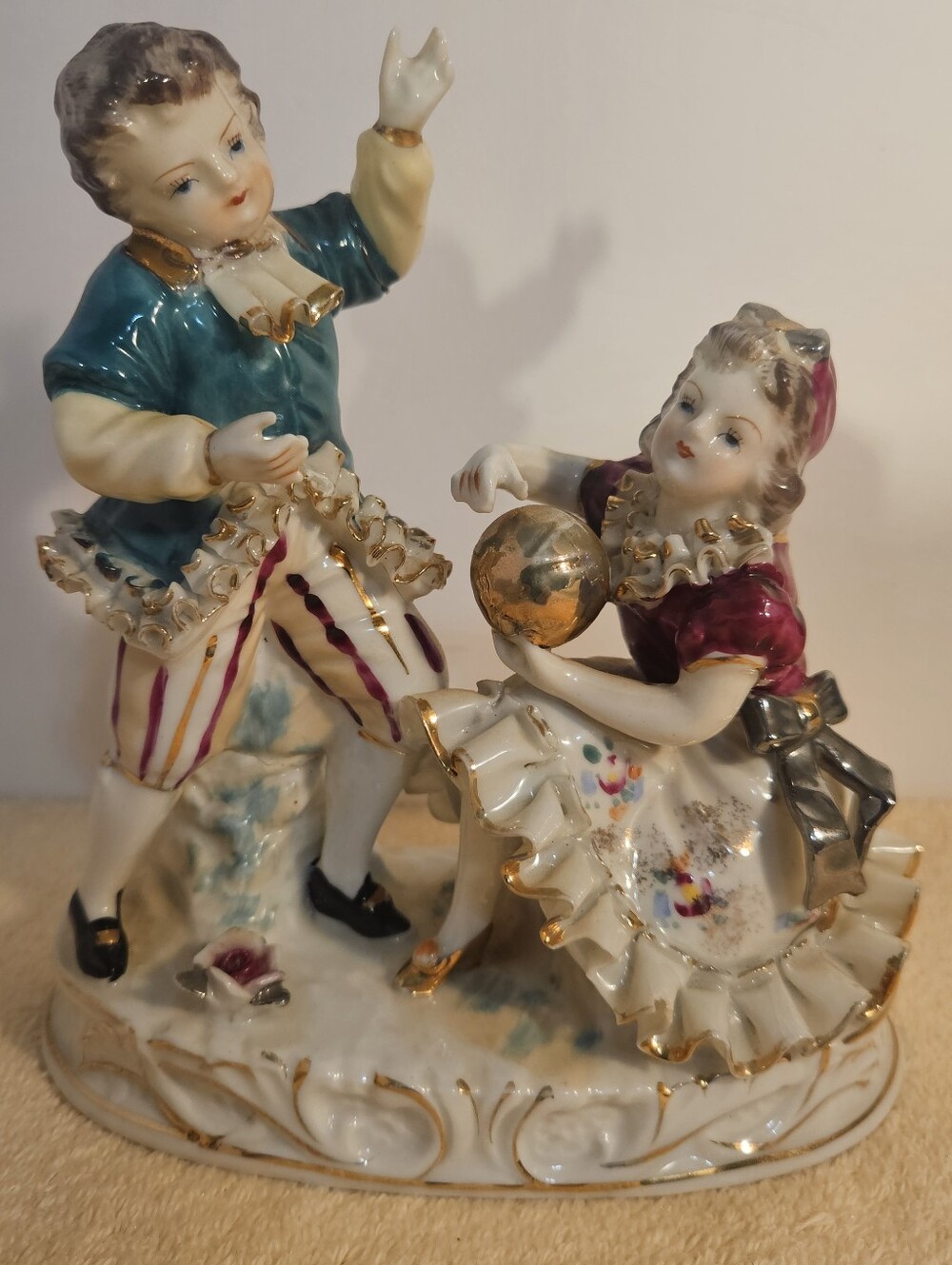 Antique German Volkstedt Porcelain Figurine Boy Girl w/ Gold Ball